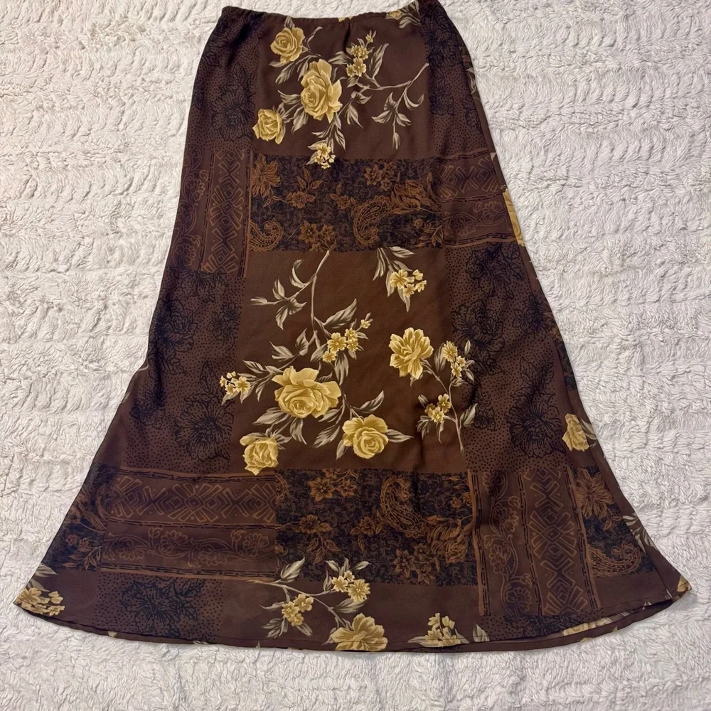 Impressions whimsgoth Brown Floral Maxi Skirt Y2K Boho Cottagecore Size 8 - Picture 2 of 5